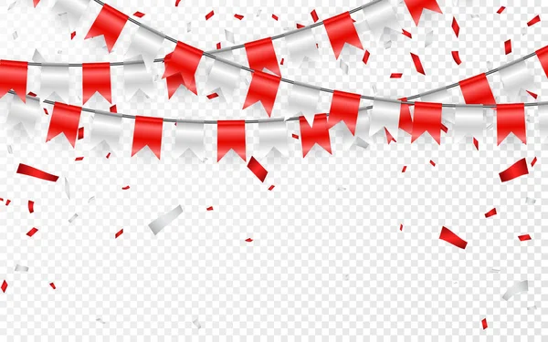 Viering Partij Banner Rood Zilver Folie Confetti Vlag Garland Vectorillustratie — Stockvector