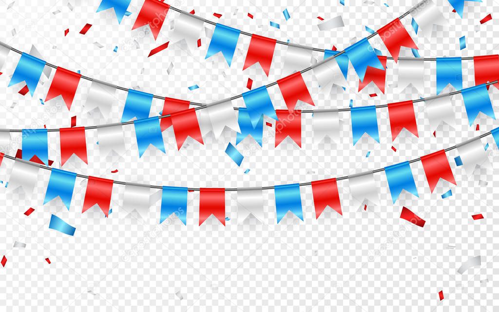 Russian flag festive bunting against. Party background with flags garland. Garlands of red white blue flags and foil confetti. Vector illustration.