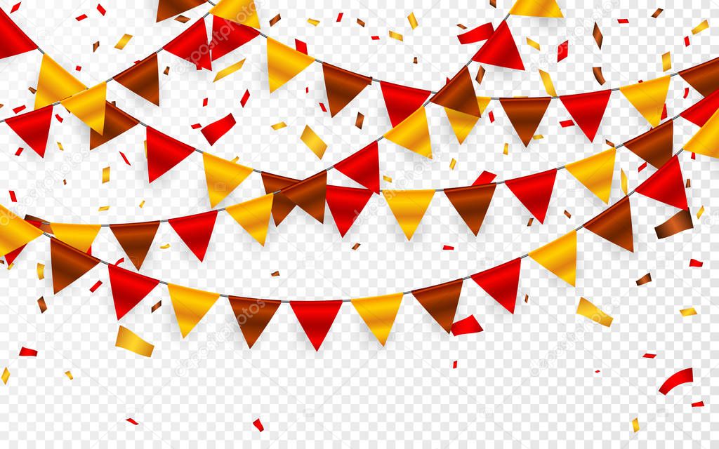 Thanksgiving Day, flags garland on transparent background. Garlands of red brown yellow flags and foil confetti. Vector illustration.