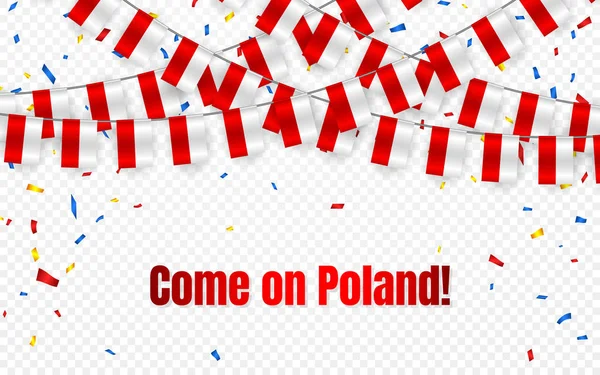 Drapeau Guirlande Pologne Avec Confettis Sur Fond Transparent Bruant Suspendu — Image vectorielle