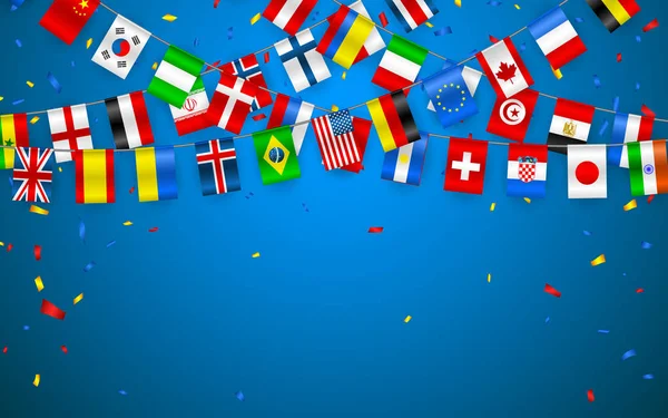 五颜六色的旗子花环欧洲和世界的不同的国家与五彩纸屑 国际旗的喜庆花环 彩旗花圈 媒介横幅为庆祝党 — 图库矢量图片