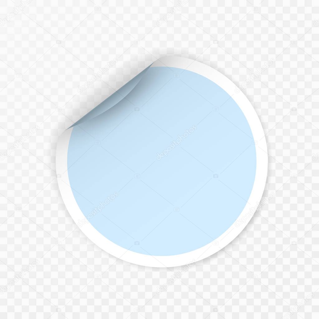 Blank round sticker with curled corners on transparent background, realistic mockup.