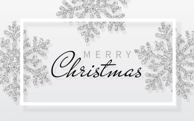 Gümüş kar tanesi ve beyaz çerçeve parlayan ile Noel arka plan. Mutlu Noeller ve mutlu yeni yıl kartı. Vektör çizim.