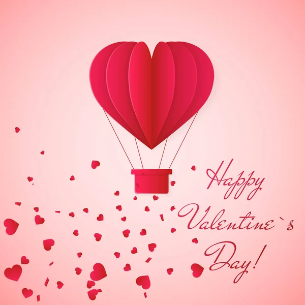 Glückliche Valentinstag Einladungskarte Vorlage Mit Origami Papier Heißluftballon Herzform Rosa — Stockvektor