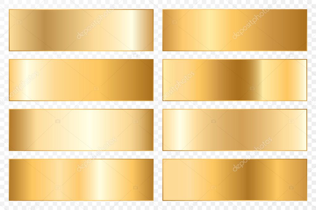 Collection of backgrounds with a metallic gradient. Brilliant plates with gold effect. Vector illustration.