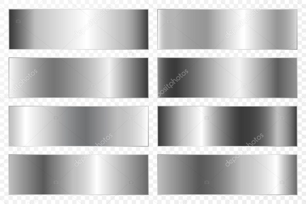 Collection of backgrounds with a metallic gradient. Brilliant plates with silver chrome effect. Vector illustration.