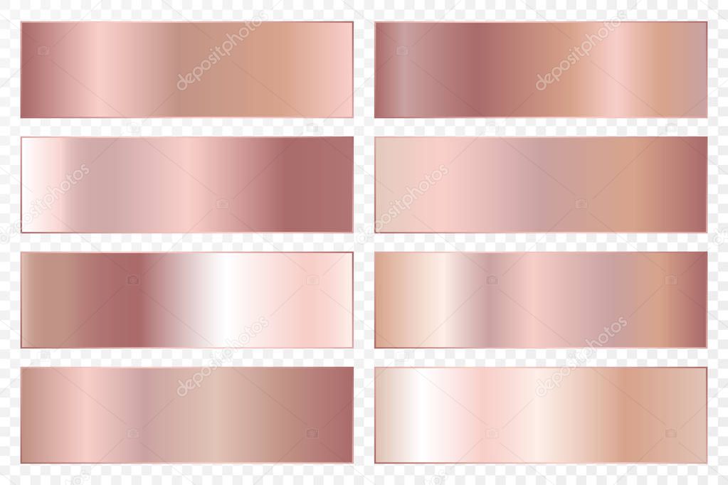Collection of backgrounds with a metallic gradient. Brilliant plates with rose gold effect. Vector illustration.