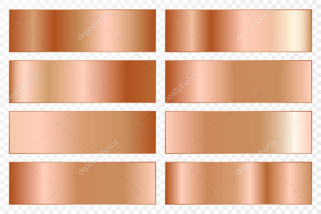 Collection of backgrounds with a metallic gradient. Brilliant plates with bronze effect. Vector illustration.