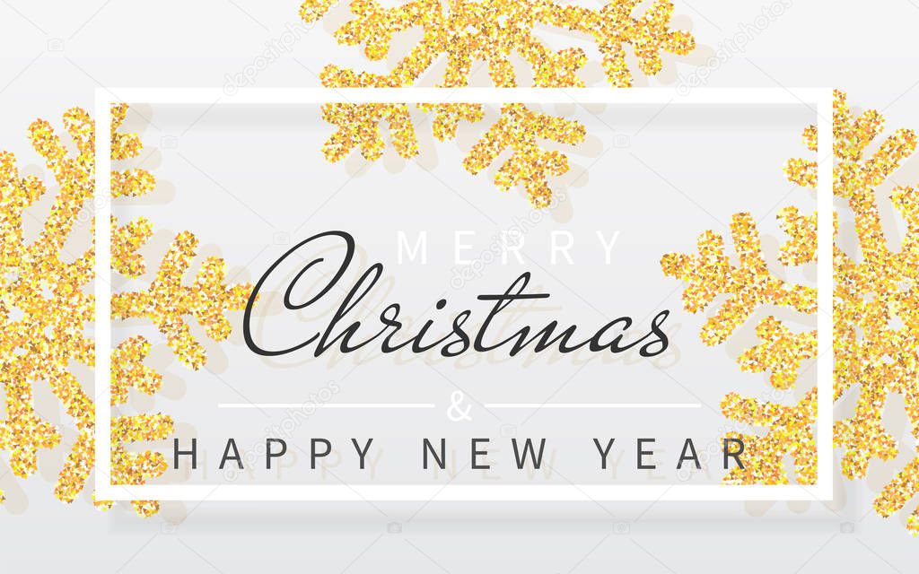 Christmas background with shining yellow snowflakes and white frame. Merry Christmas and Happy New Year card. Vector Illustration.