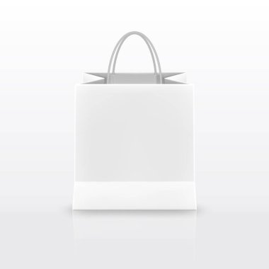 Beyaz arka plan üzerinde izole kulplu gerçekçi beyaz kağıt alışveriş çantası. Vektör çizim.