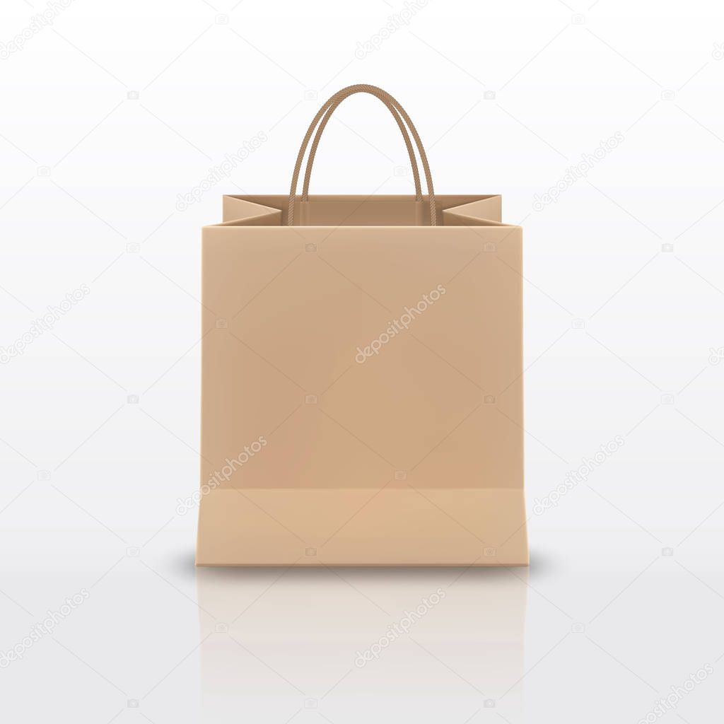 Realistic brown Paper shopping bag with handles isolated on white background. Vector illustration.