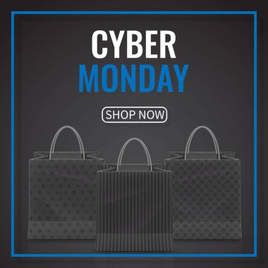 Cyber Pazartesi Satılık. Koyu arka plan üzerinde izole kulplu gerçekçi Kağıt alışveriş çantası. Vektör çizim.