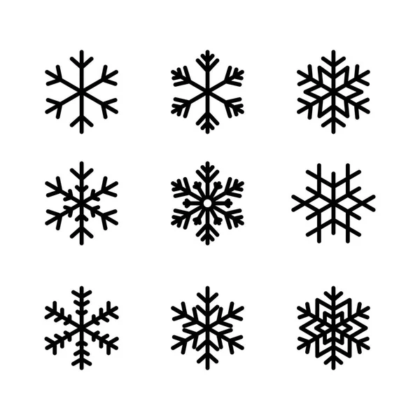 Sněhová Vločka Zimní Sada Černá Silueta Izolované Devět Ikonu Bílém — Stockový vektor