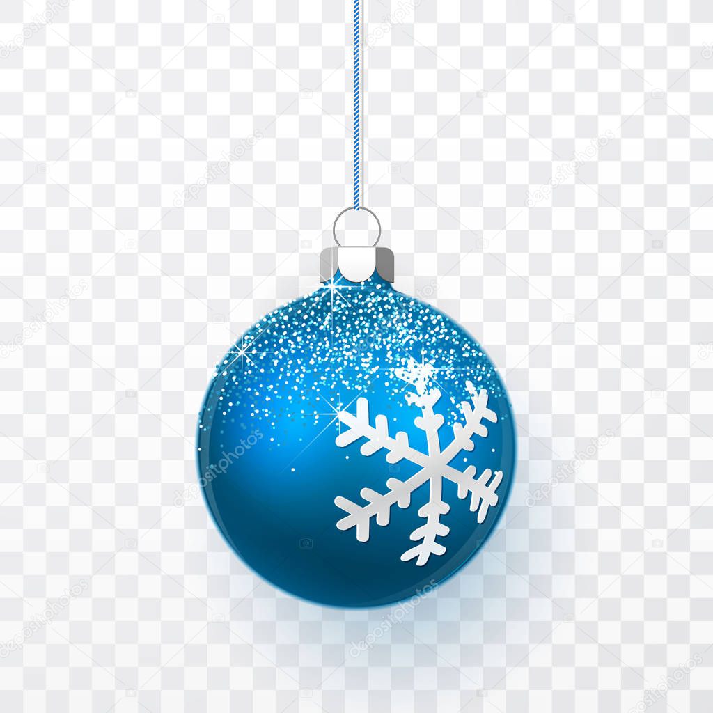 Blue Christmas ball with snow effect. Xmas glass ball on transparent background. Holiday decoration template. Vector illustration.