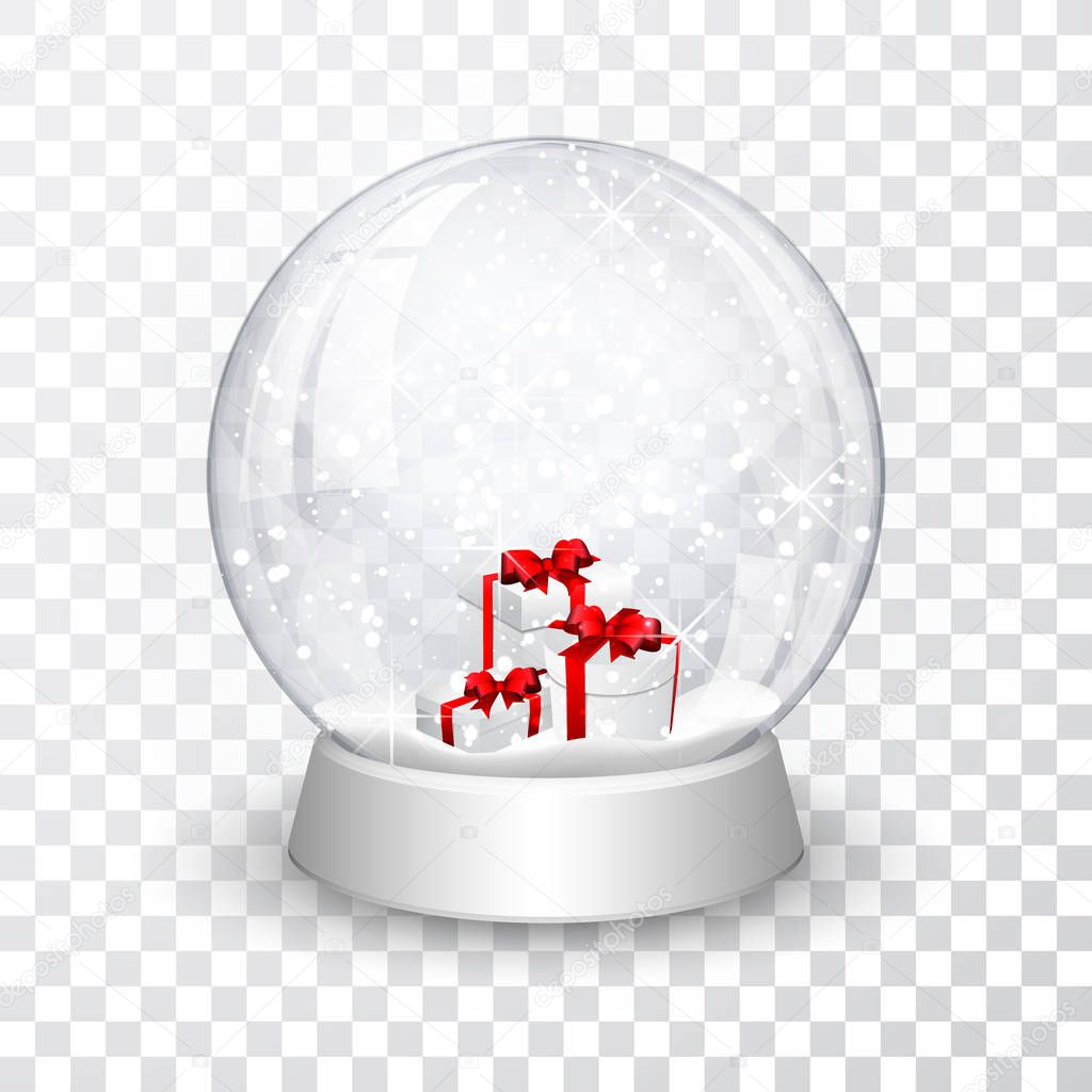 snow globe ball with gift boxes realistic new year chrismas object isolated on transperent background with shadow, vector illustration.