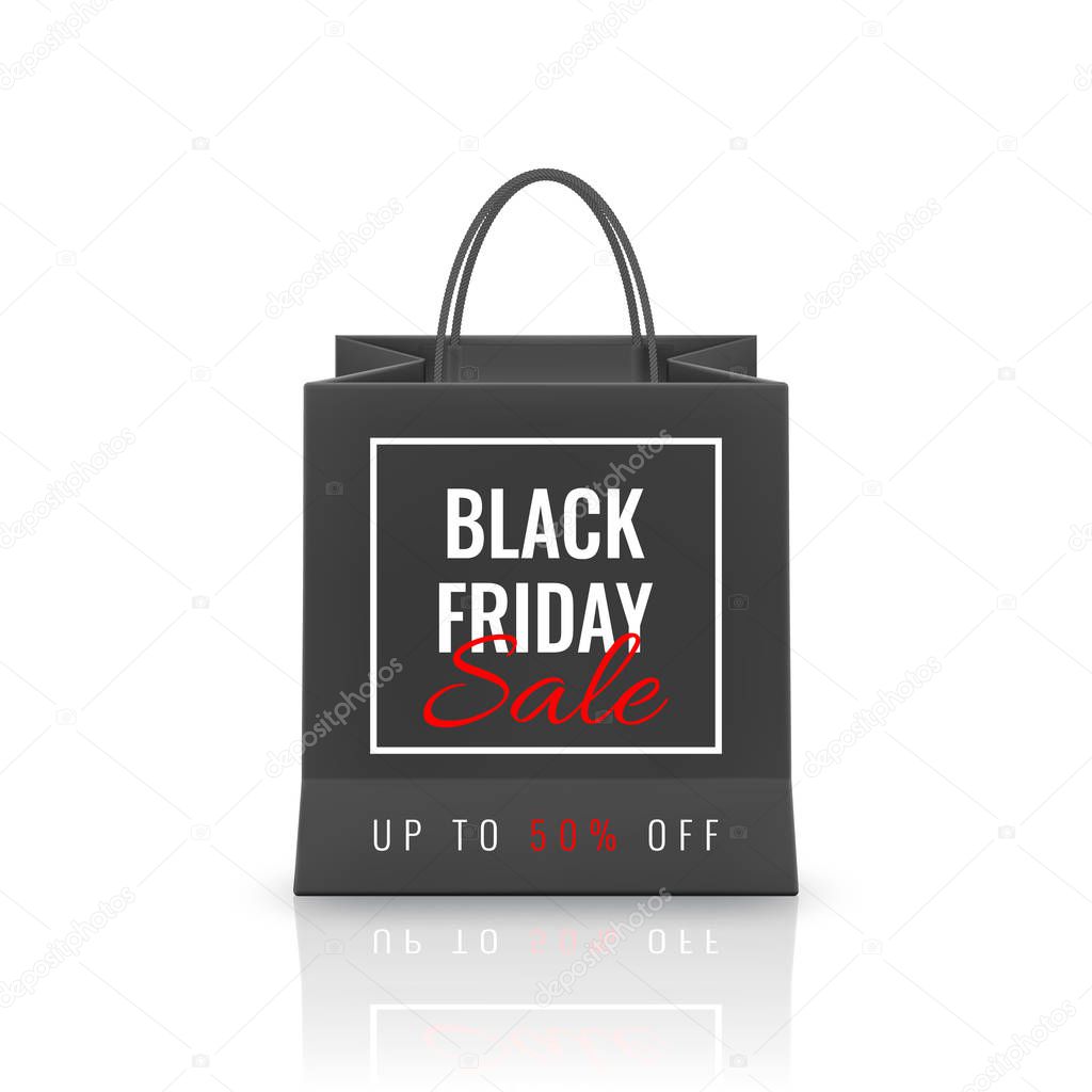 Black Friday Sale. Realistic Paper shopping bag with handles isolated on white background. Vector illustration.