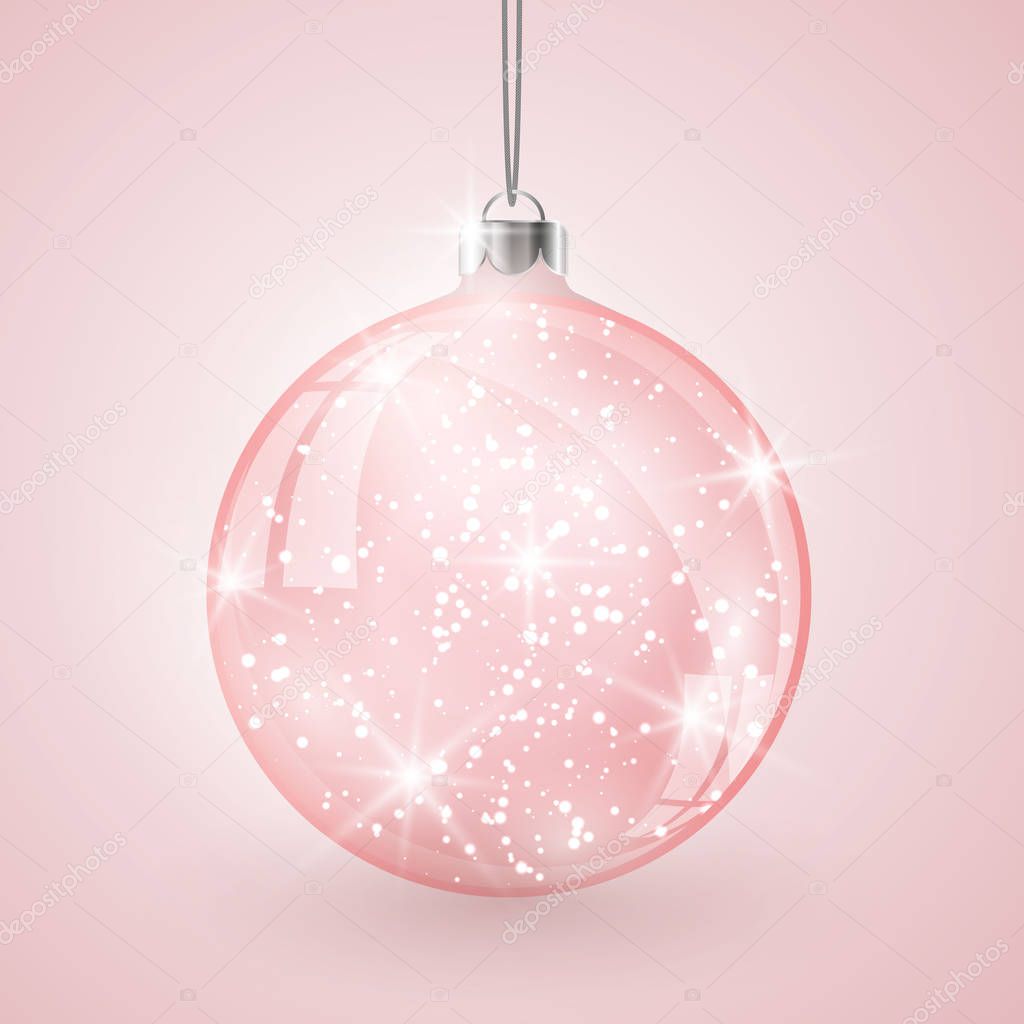 Christmas crystal glass ball on pink vector background.