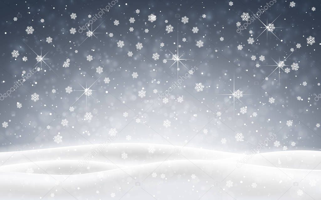 Christmas background of falling snow. Winter night. Xmas card design vector illustration.