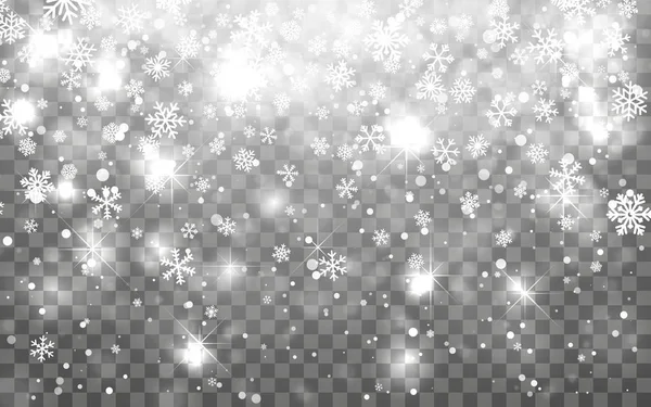 Christmas Snow Fallande Snöflingor Mörk Bakgrund Snöflinga Transparent Dekoration Effekt — Stock vektor