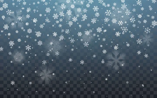 クリスマスの雪 暗い背景に落ちる雪の結晶 雪の結晶の透明な装飾効果 クリスマス雪フレーク パターン 魔法の白い雪のテクスチャです 冬吹雪の背景イラスト — ストックベクタ