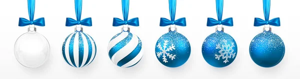 Průhledná Modré Vánoční Koule Sněhu Modré Luk Sada Vánoční Skleněná — Stockový vektor