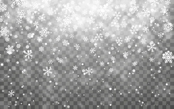 Kerst Sneeuw Vallende Sneeuwvlokken Donkere Achtergrond Sneeuwvlok Transparante Decoratie Effect — Stockvector