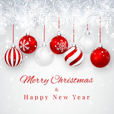 Noel ve yeni yıl arka plan kırmızı Noel topları, köknar dalı ve kar xmas tasarımı için. Vektör çizim.