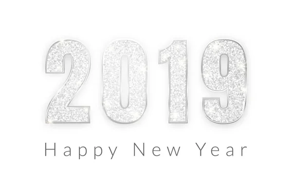 Mutlu yeni yıl 2019, tebrik kartı, vektör çizim tasarımını gümüş numaraları.