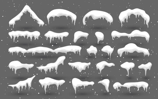 Snow, ice cap with shadow. Snowy elements on winter background. Snowfall and snowflakes. Christmas and New Year, Winter season. Vector illustration.