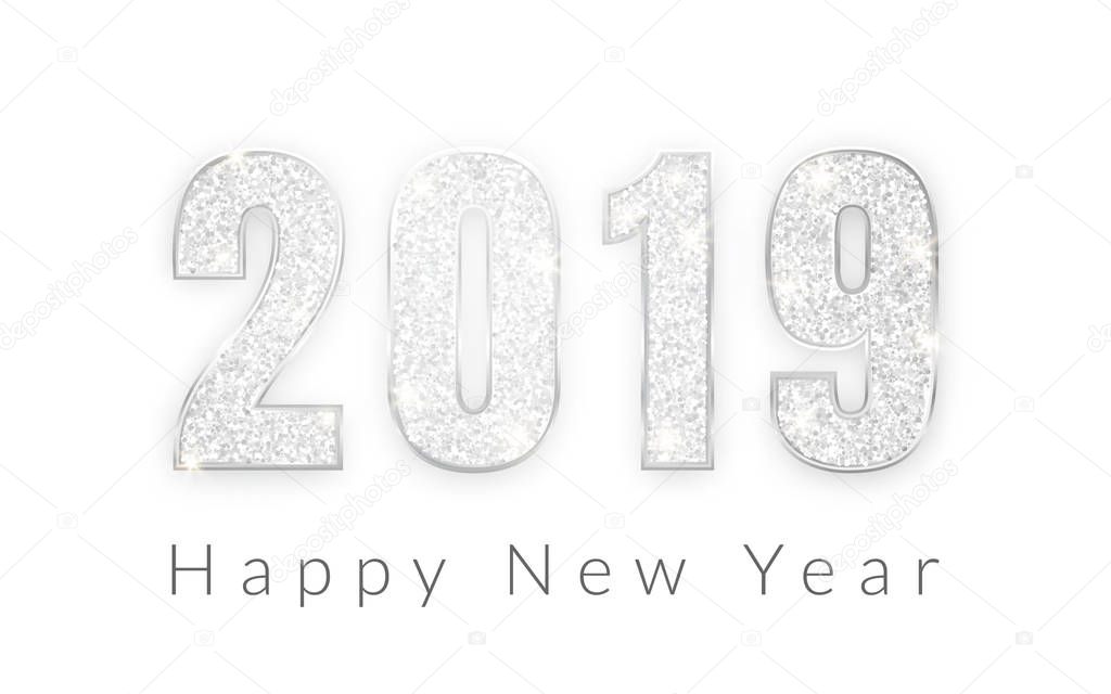 Happy New Year 2019, silver numbers design of greeting card, Vector illustration.