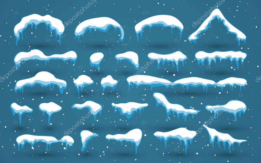 Snow, ice cap with shadow. Snowy elements on winter background. Snowfall and snowflakes. Christmas and New Year, Winter season. Vector illustration.