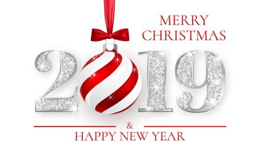 Mutlu yeni yıl 2019, tebrik kartı, Xmas top kırmızı yay, vektör çizim ile gümüş numaraları tasarımı.