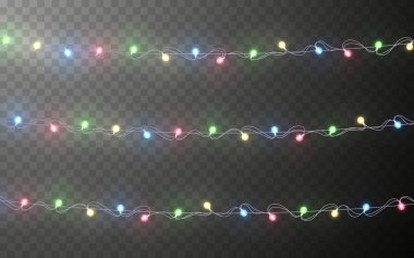 Xmas renk garland, Festival süsleri. Parlak Noel ışıkları saydamlık efektini dekorasyon koyu arka plan üzerinde. Vektör çizim.