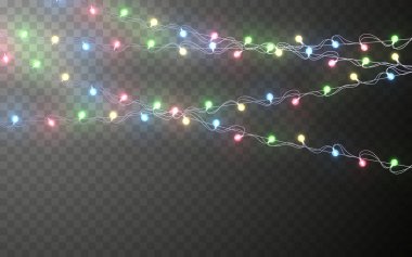 Xmas renk garland, Festival süsleri. Parlak Noel ışıkları saydamlık efektini dekorasyon koyu arka plan üzerinde. Vektör çizim.