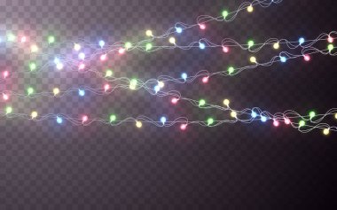 Xmas renk garland, Festival süsleri. Parlak Noel ışıkları saydamlık efektini dekorasyon koyu arka plan üzerinde. Vektör çizim.