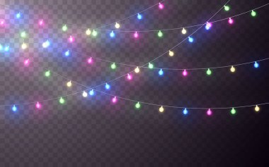 Xmas renk garland, Festival süsleri. Parlak Noel ışıkları saydamlık efektini dekorasyon koyu arka plan üzerinde. Vektör çizim.
