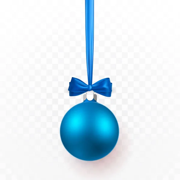 蓝色圣诞舞会用蓝色的弓 透明背景上的圣诞玻璃球 假日装饰模板 向量例证 — 图库矢量图片