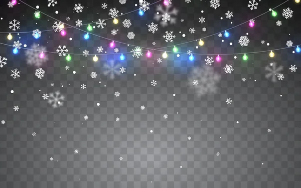 Weihnachtsschnee Fallende Weiße Schneeflocken Auf Dunklem Hintergrund Weihnachtsgirlanden Festliche Dekoration — Stockvektor