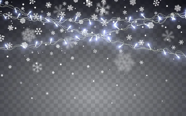 Neige Noël Flocons Neige Blancs Tombant Sur Fond Sombre Guirlande — Image vectorielle