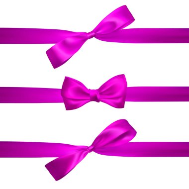 Gerçekçi pembe yay üzerinde beyaz izole yatay pembe kurdeleler ile. Dekorasyon hediyeler, selamlar, tatil için öğe. Vektör çizim.