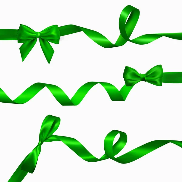 長いカールのグリーン リボンと現実的な緑色の弓のセットします 装飾贈り物 バレンタインデー デザインの要素です ベクトル図 — ストックベクタ