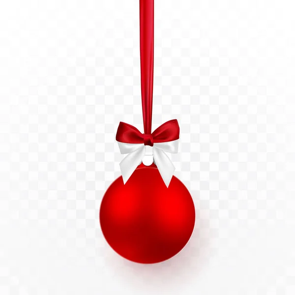 红色圣诞舞会用红色的弓 透明背景上的圣诞玻璃球 假日装饰模板 向量例证 — 图库矢量图片