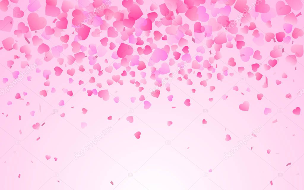 Pink pattern of random falling hearts confetti. Border design element for festive banner, greeting card, postcard, wedding invitation, Valentines day and save the date card. Vector illustration.