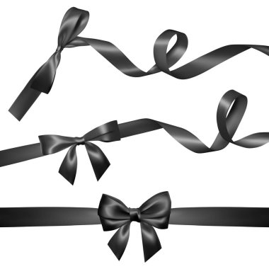 Siyah kurdele ile gerçekçi siyah fiyonk ayarlayın. Selamlar, tatil dekorasyon hediyeler, Sevgililer günü tasarım için öğe. Vektör çizim.