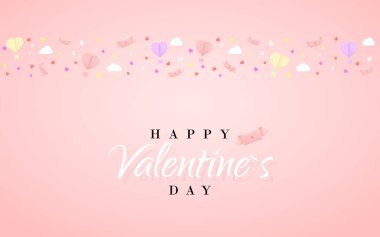 Mutlu sevgililer günü davetiye kartı şablonu origami kağıt sıcak hava balonu kalp şeklinde, kağıt mektup, beyaz bulutlar ve konfeti. Pembe bir arka plan. Vektör çizim.