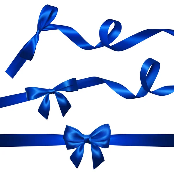 一套逼真的蓝色蝴蝶结 长卷曲的蓝色丝带 元素装饰礼品 情人节设计 向量例证 — 图库矢量图片