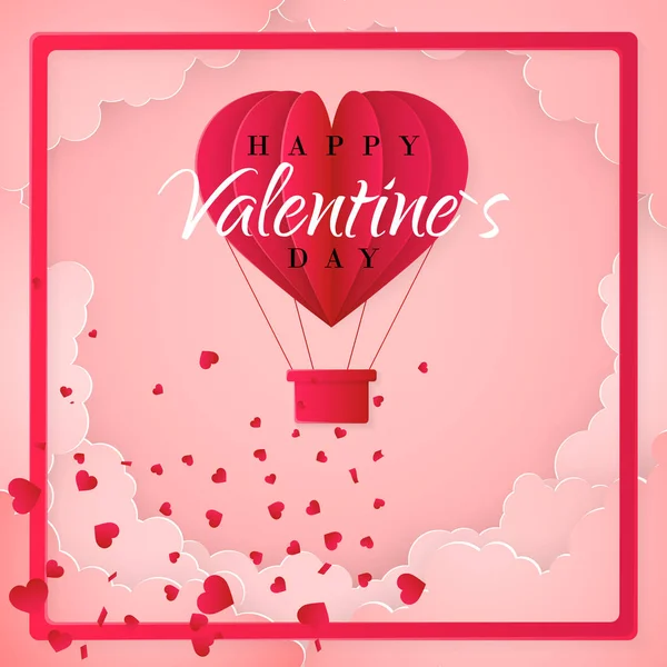 幸せなバレンタインデー招待状カードのテンプレート折り紙の紙は 心臓の形 白い雲 紙吹雪の熱気球 ピンクの背景 ベクトル図 — ストックベクタ