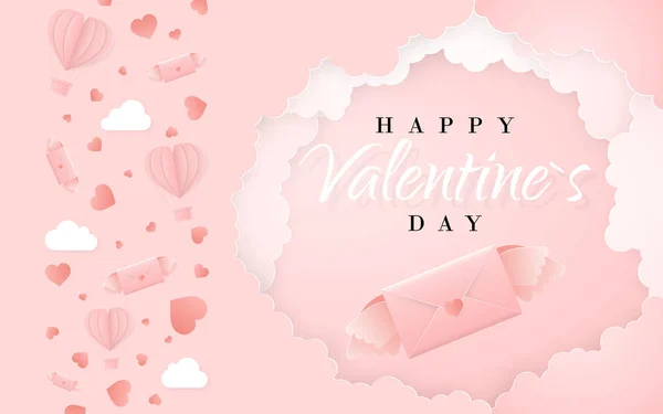Happy valentines day invitation card template with origami paper letter, clouds and confetti. Pink background. Vector illustration.