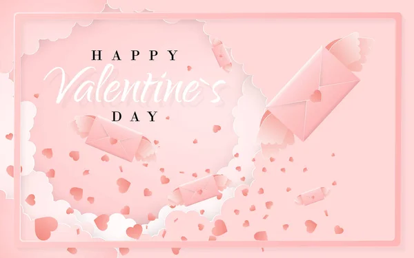 快乐的情人节邀请卡模板与折纸信件 云和五彩纸屑 背景为粉红色 向量例证 — 图库矢量图片
