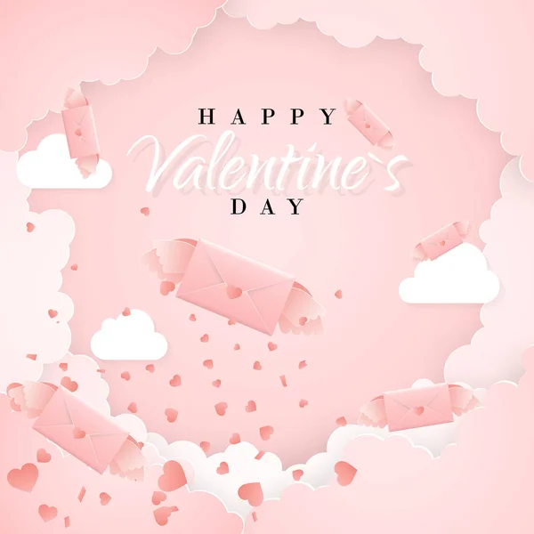 Happy Valentijnsdag Uitnodiging Kaartsjabloon Met Origami Papier Letter Wolken Confetti — Stockvector